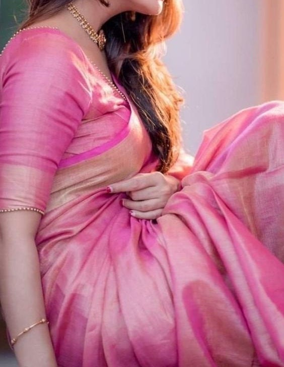 Pink Linen handloom saree - Linen Pure Tissue saree - Saree UK
