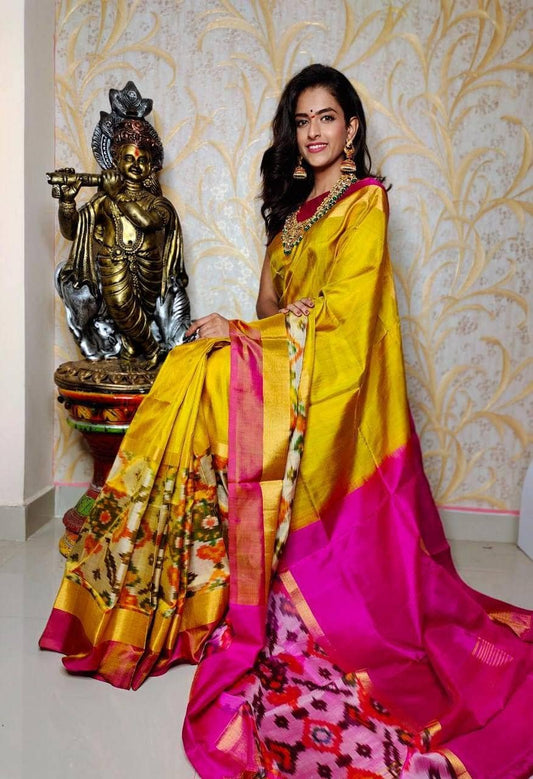 Yellow and pink Uppada pattu big pochampalli border sarees,  handwoven silk saree, saree for women