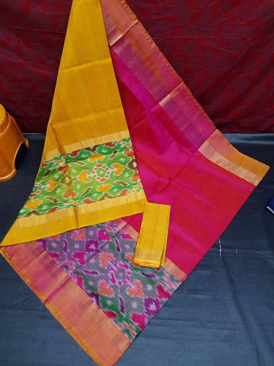 Yellow and pink Uppada pattu big pochampalli border sarees,  handwoven silk saree, saree for women