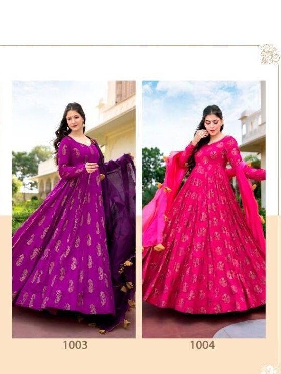 Anarkali designer gown, readymade Rani pink and purple indian gown