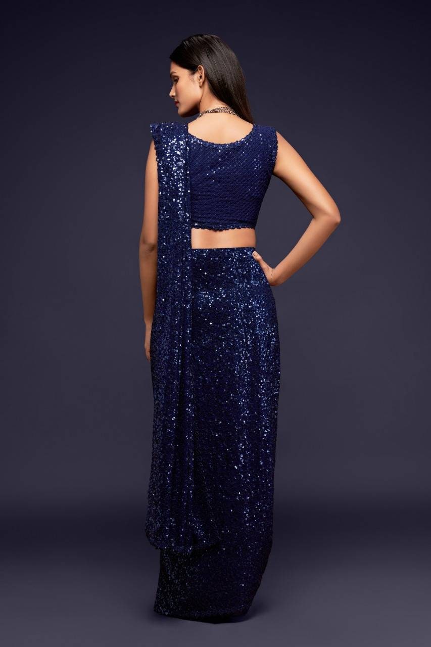 Blush blue sequin saree Designer sequins saree in georgette - party wear saree - wedding saree, saree for women in UK - saree for Christmas