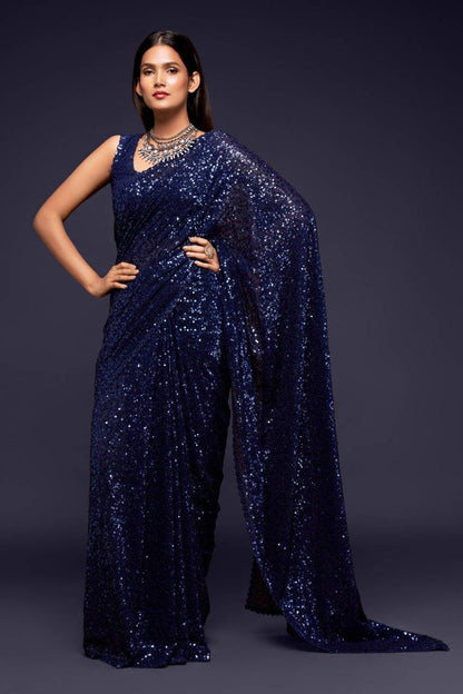 Blush blue sequin saree Designer sequins saree in georgette - party wear saree - wedding saree, saree for women in UK - saree for Christmas