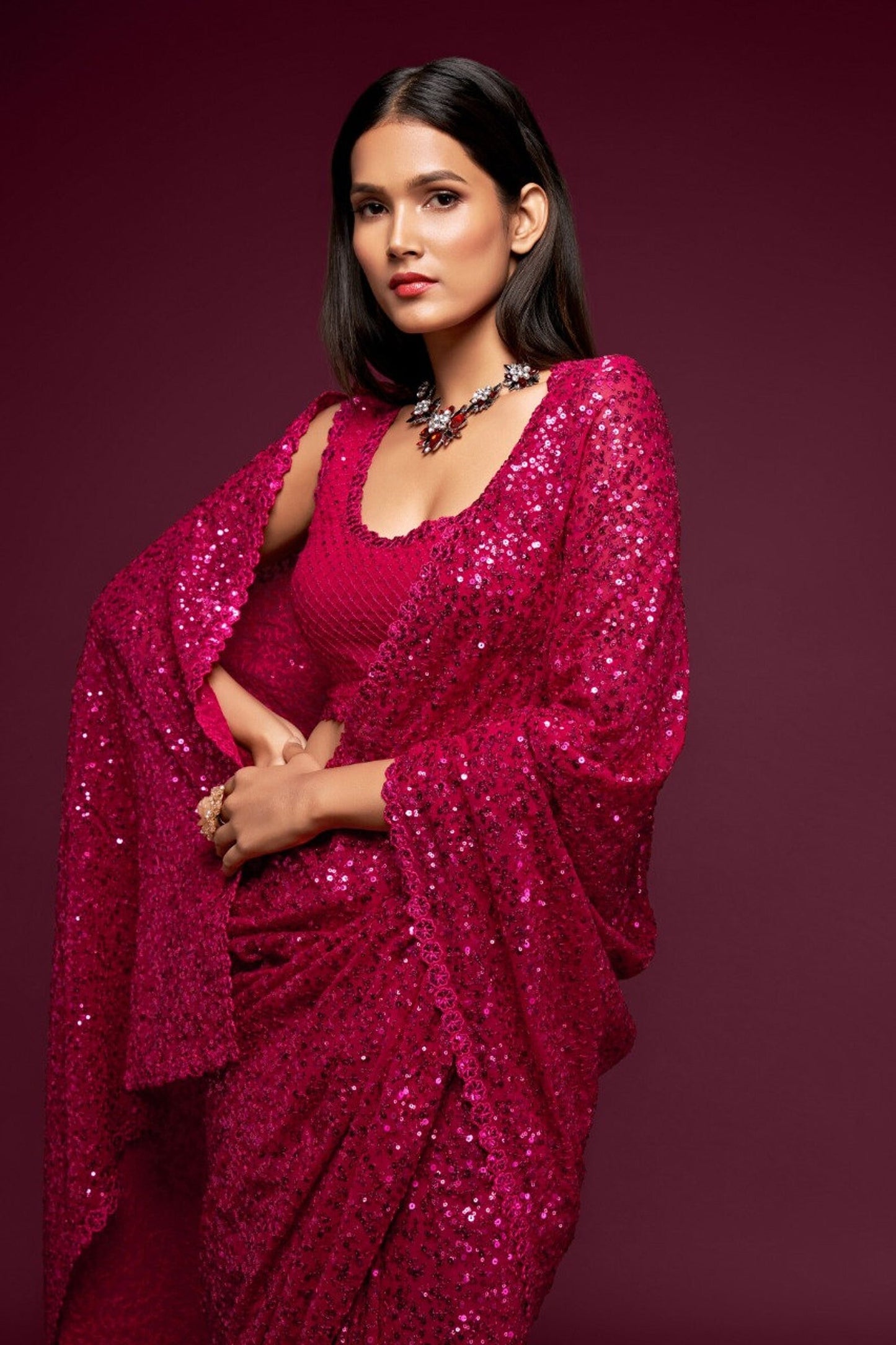 Rani pink sparkly - Designer sequins saree in georgette - party wear saree - wedding saree, saree for women, saree for Christmas