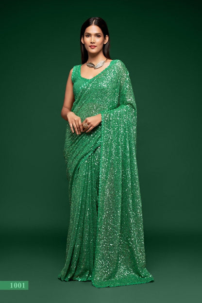 Pasta Green saree - sequins saree in georgette - party wear saree - wedding saree, saree for women, saree for Christmas