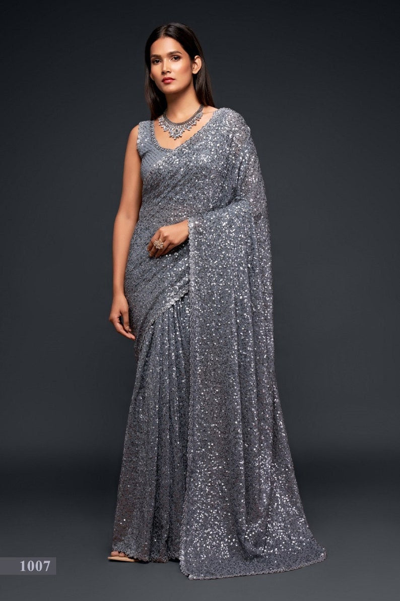 Silver color sequin sari Designer sequins saree in georgette - party wear saree - wedding saree, saree for women in UK