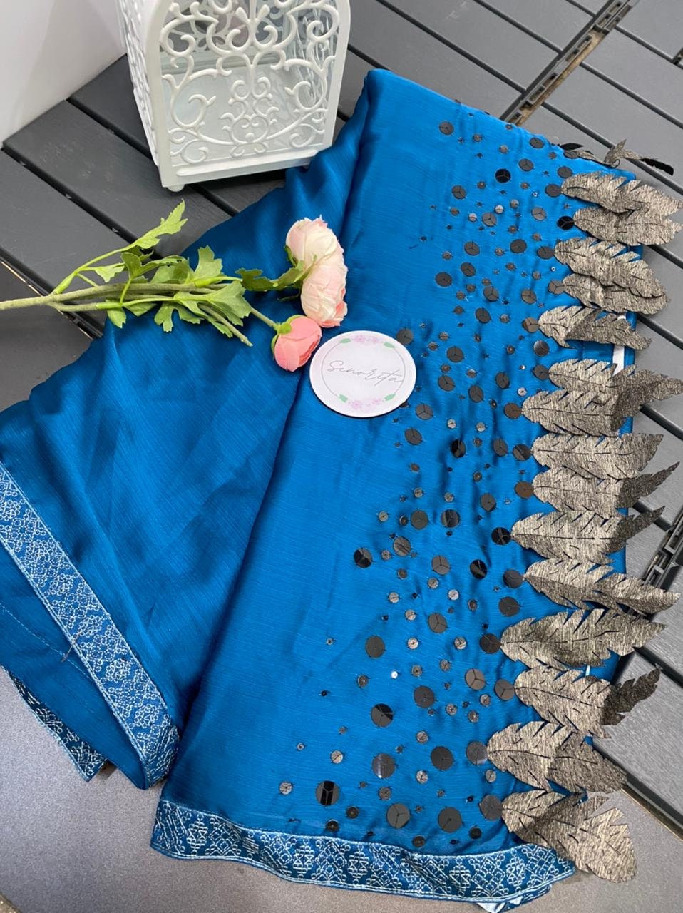 Blue Feather design saree - partywear saree - fancy georgette saree - saree for women - saree for Christmas party