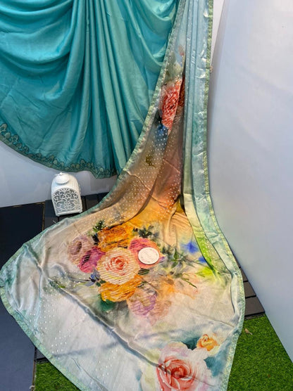 Chiffon sarees - foil mirror work designer saree - turquoise party wear saree - saree for women - saree for Christmas