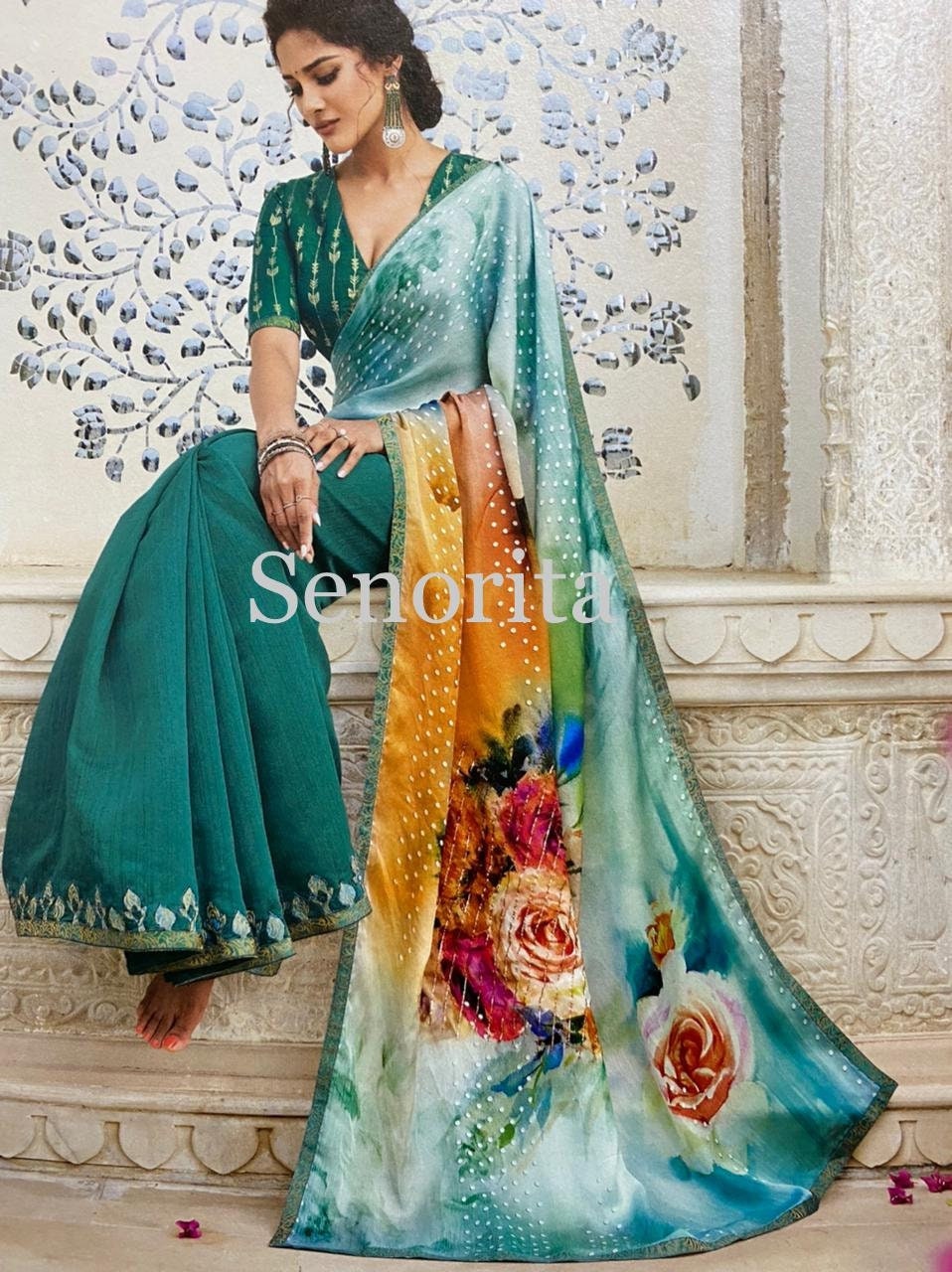 Chiffon sarees - foil mirror work designer saree - turquoise party wear saree - saree for women - saree for Christmas