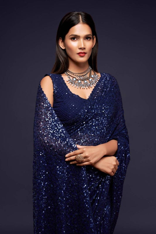 Blush blue sequin saree Designer sequins saree in georgette - party wear saree - wedding saree, saree for women in UK - saree for Christmas
