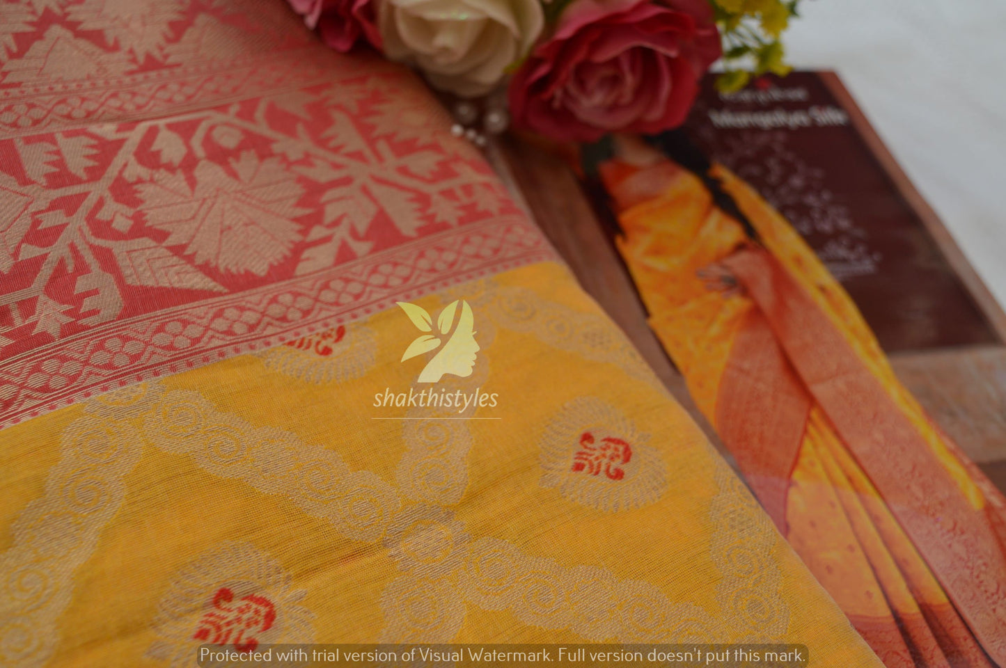Yellow and Red Banarasi Art Silk Saree  - Women saree -Manjubaa Silk - saree for women in UK