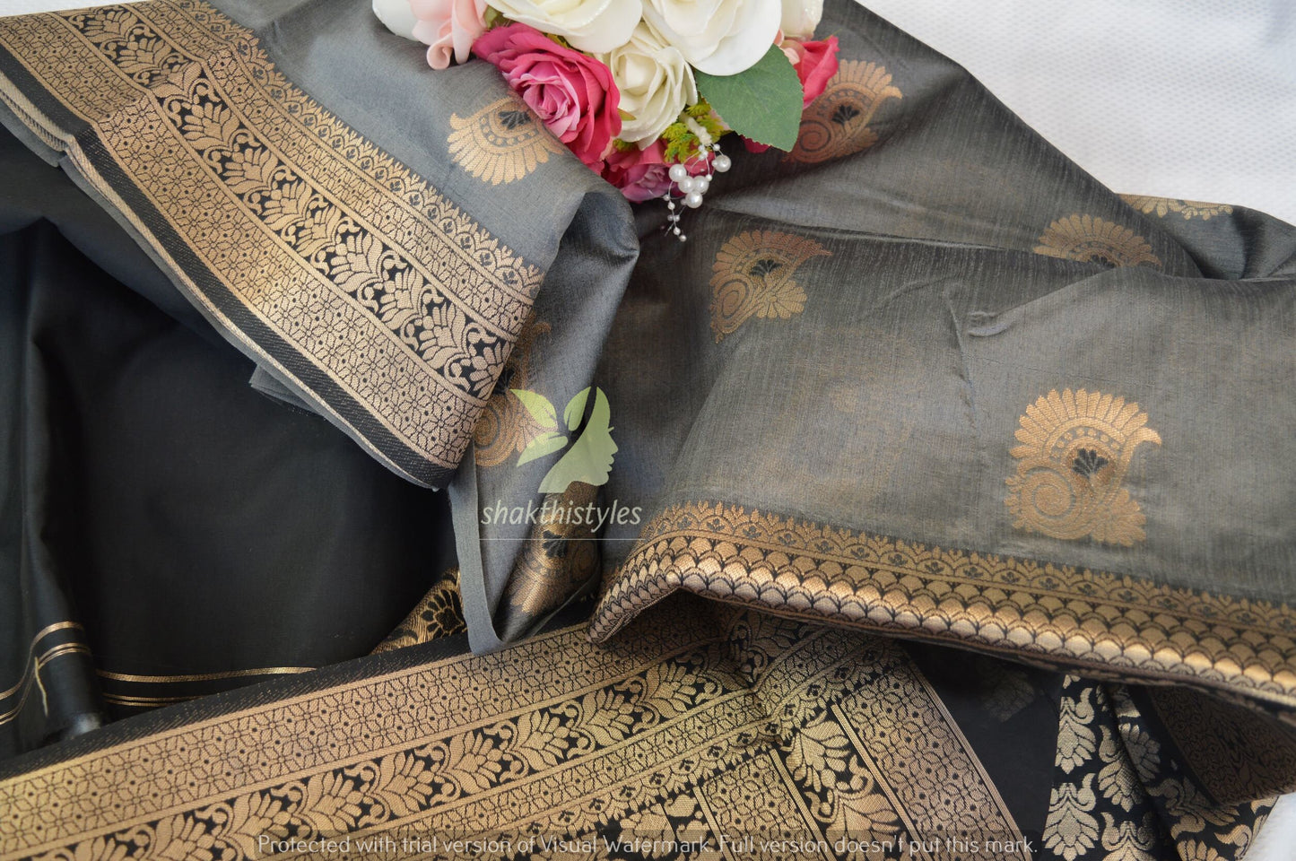 Beautiful gray and black - Women banaras saree -Manjubaa Silk - saree for women in UK - Dewali special