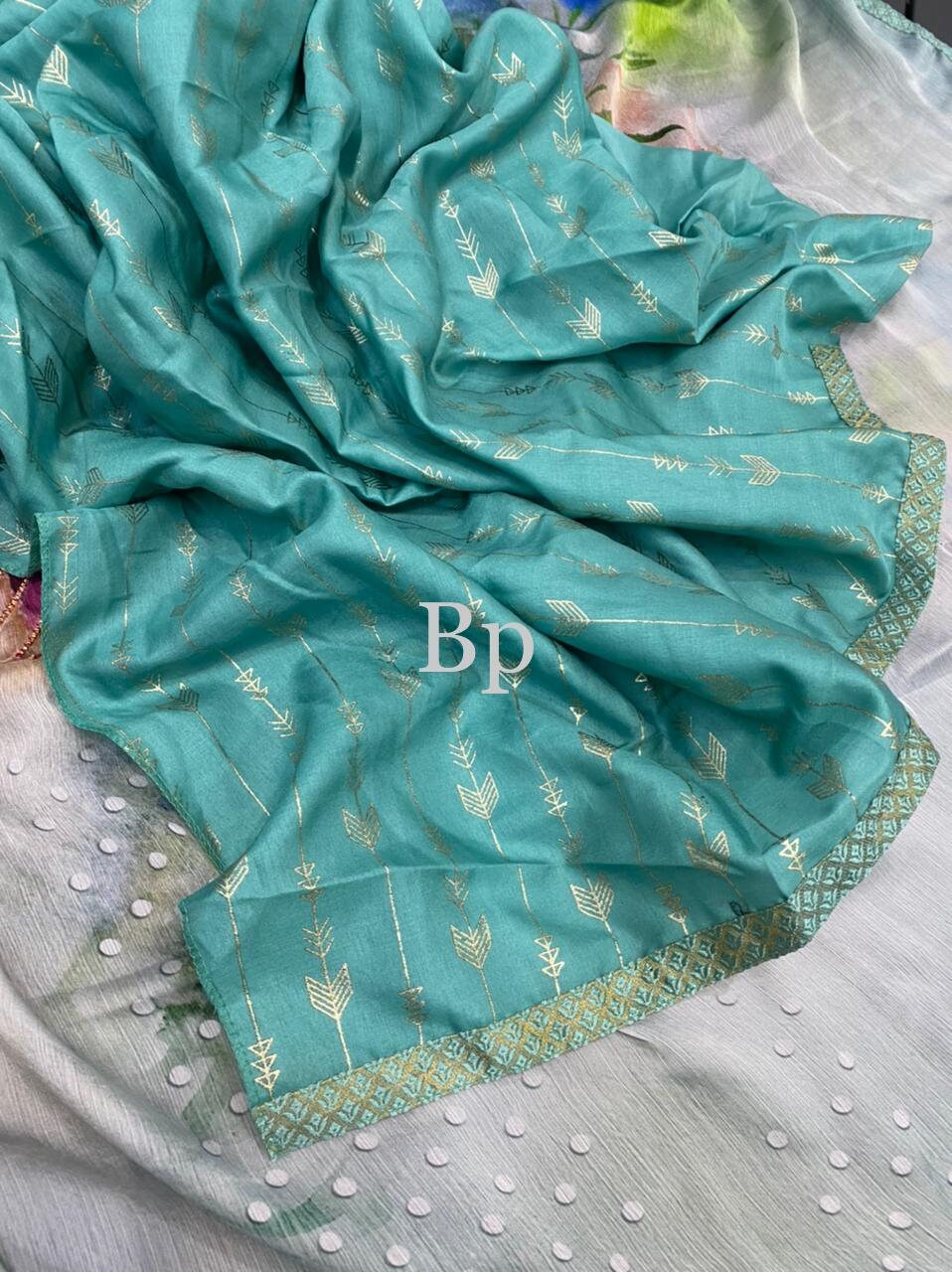 Chiffon sarees - foil mirror work designer saree - turquoise party wear saree - saree for women - saree for Christmas