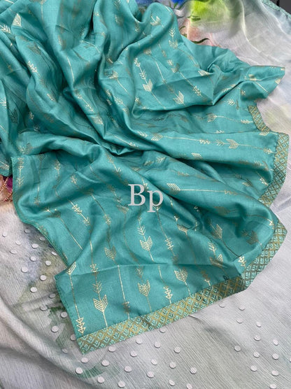 Chiffon sarees - foil mirror work designer saree - turquoise party wear saree - saree for women - saree for Christmas