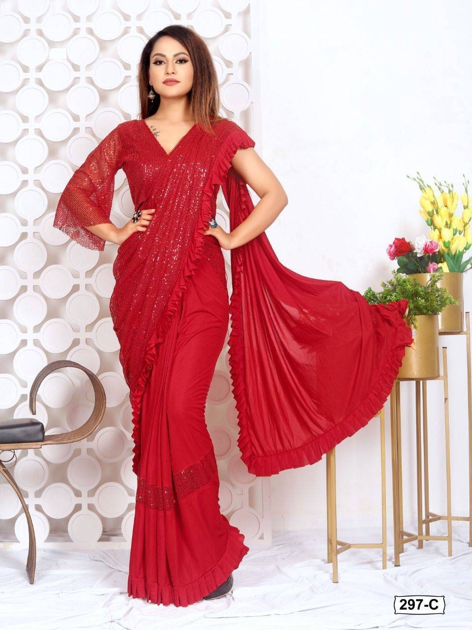 Shimmering Red - One Minute Saree ready to wear sarees, party wear saree, wedding saree for Christmas Half-and-Half, Ruffle saree