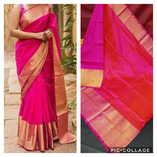 Pink and red mix Uppada Silk Pattu Saree, khadi big border Pure Uppada Pattu Saree, handwoven silk saree, two tone saree for woman