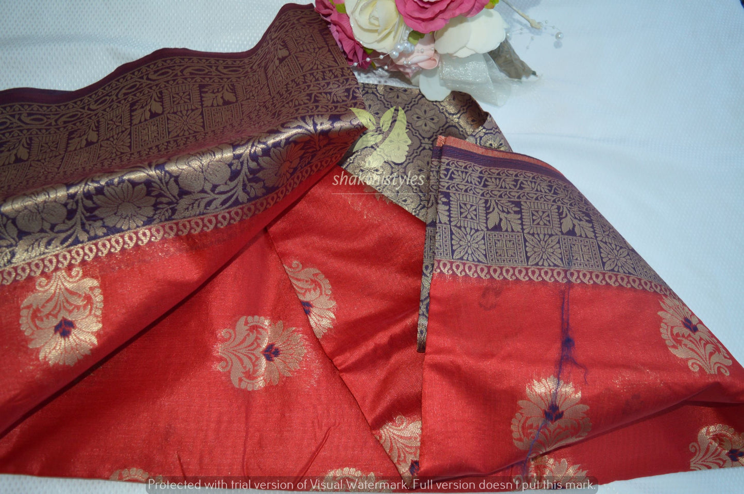 Charming  red and blue woven banaras traditional saree - Women saree -Manjubaa Silk - saree for women in UK