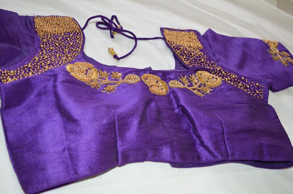 Clearence Aari work readymade saree bloude, purple saree blouse