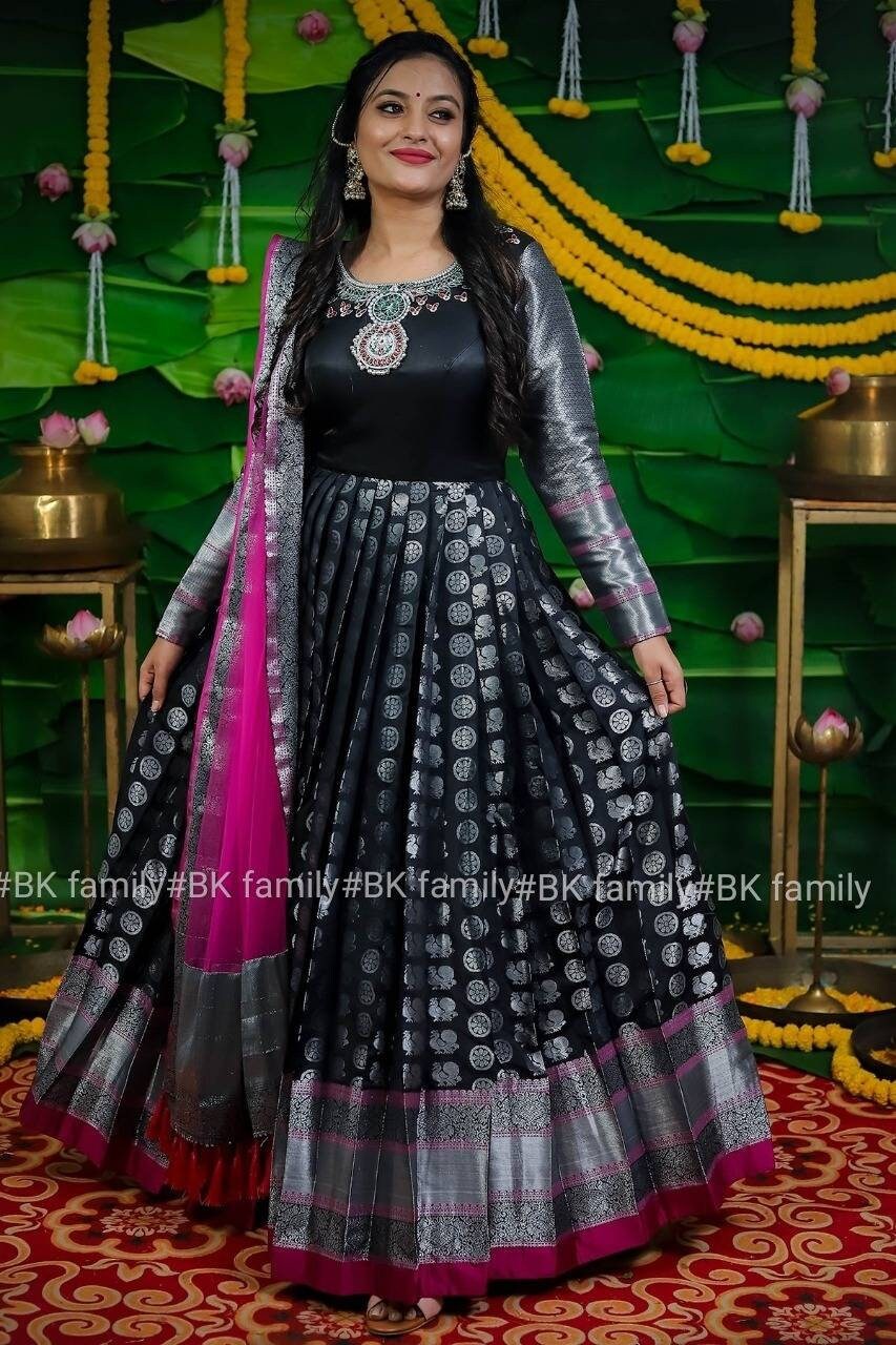 Black and pink Pattu Gown- indian traditional dress - party wear gown - floor length gown