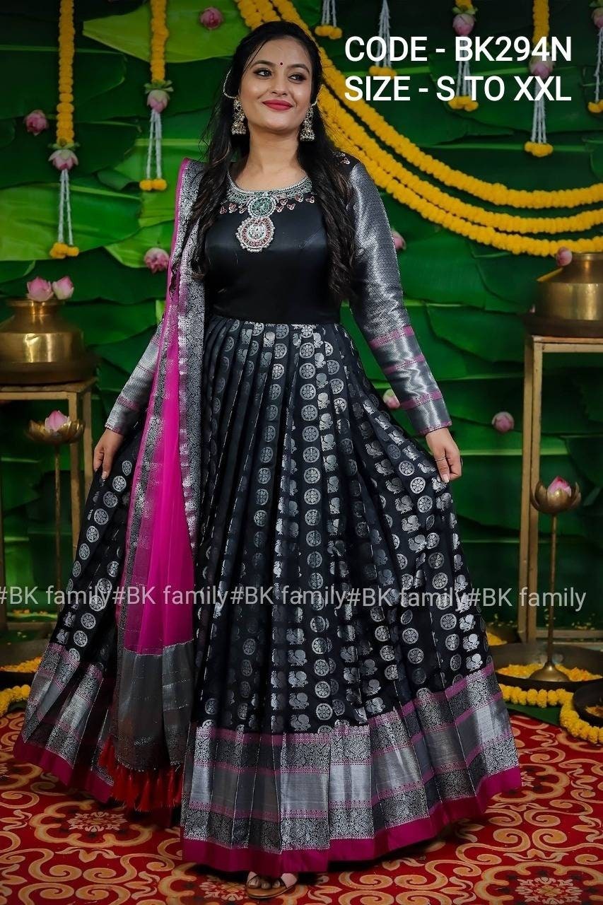 Black and pink Pattu Gown- indian traditional dress - party wear gown - floor length gown