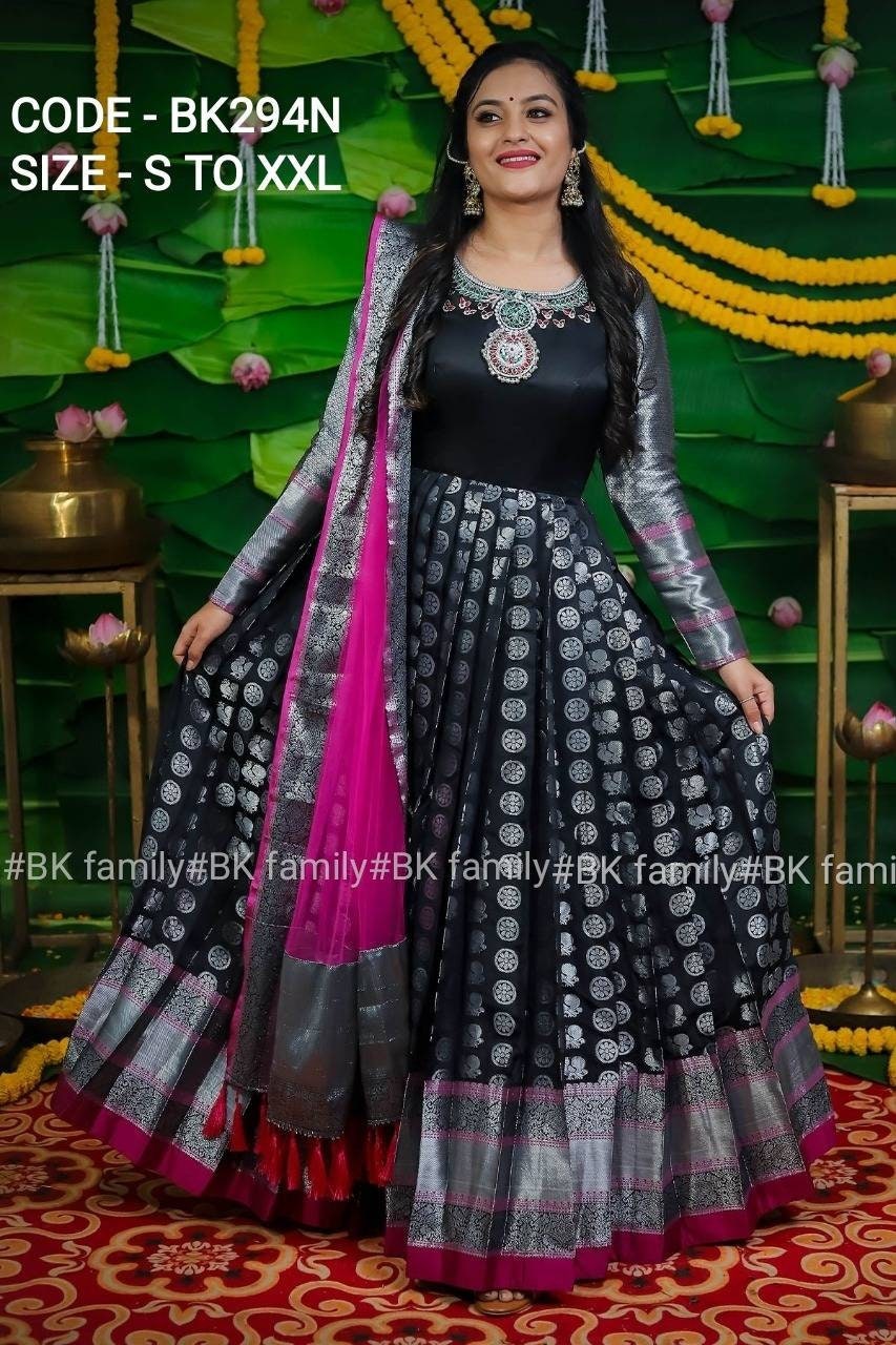 Black and pink Pattu Gown- indian traditional dress - party wear gown - floor length gown