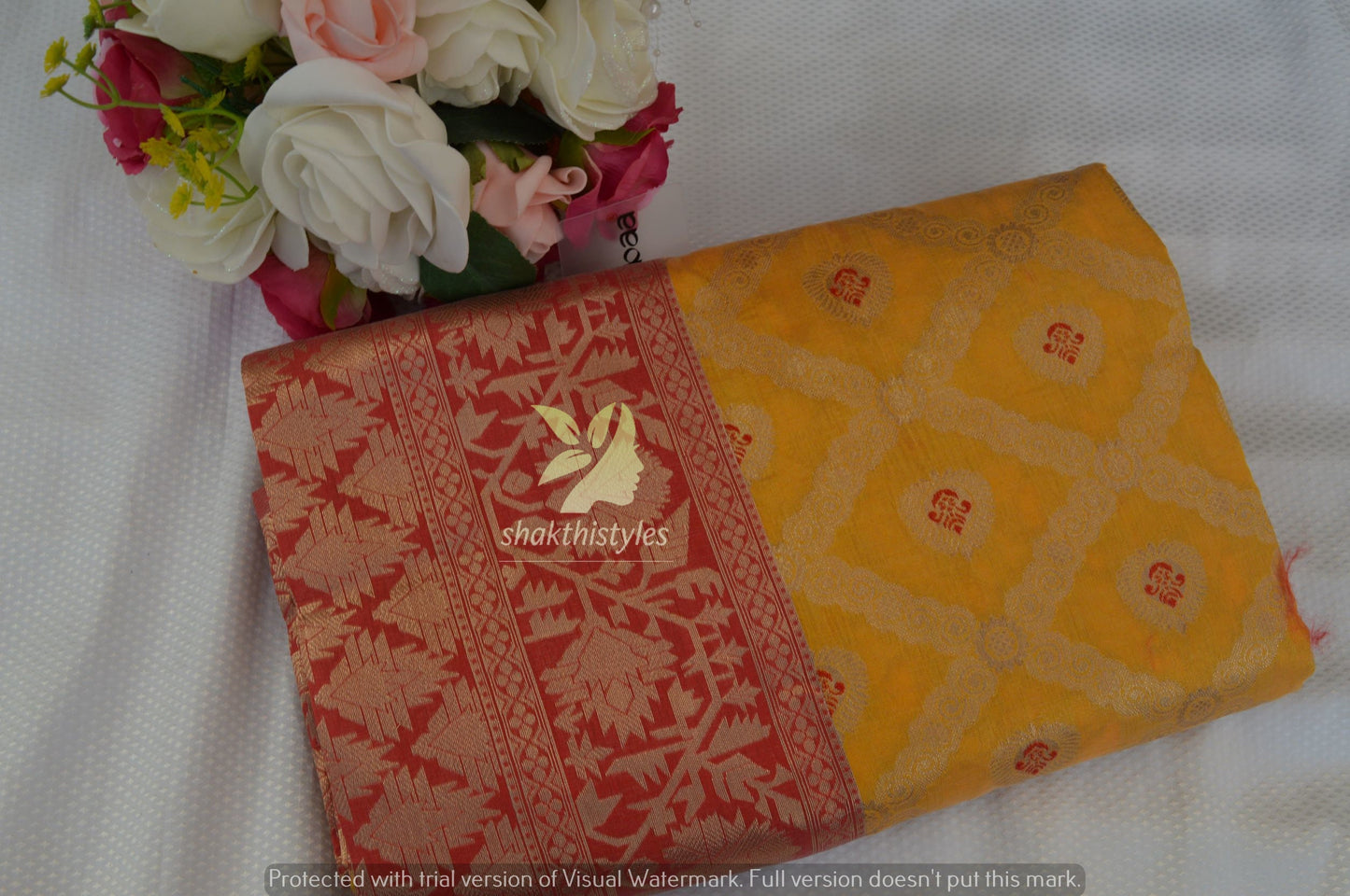 Yellow and Red Banarasi Art Silk Saree  - Women saree -Manjubaa Silk - saree for women in UK