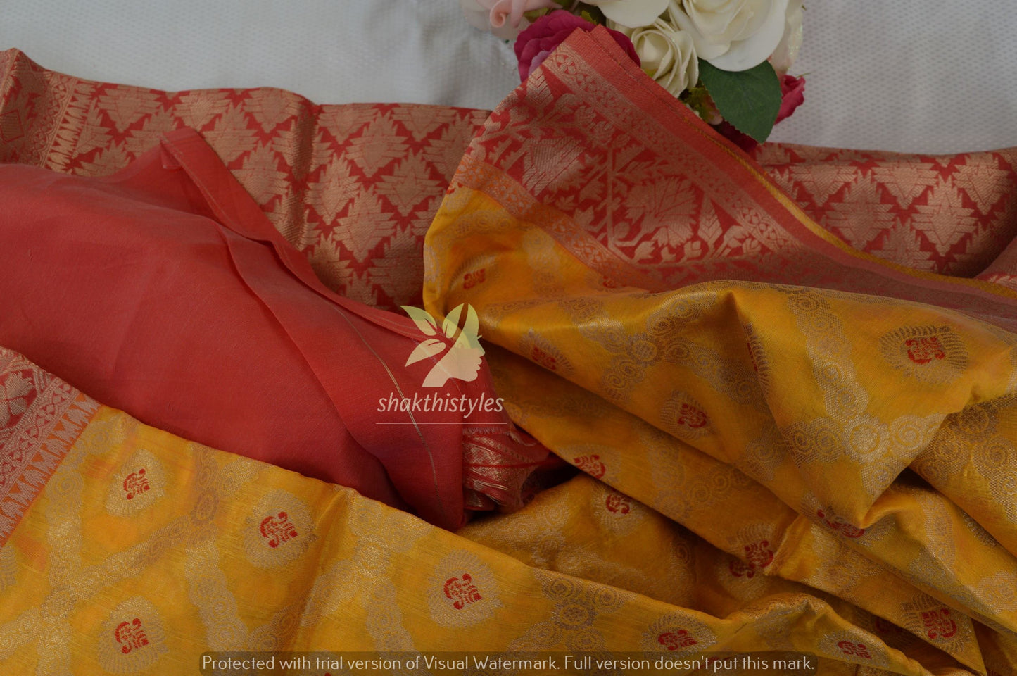 Yellow and Red Banarasi Art Silk Saree  - Women saree -Manjubaa Silk - saree for women in UK