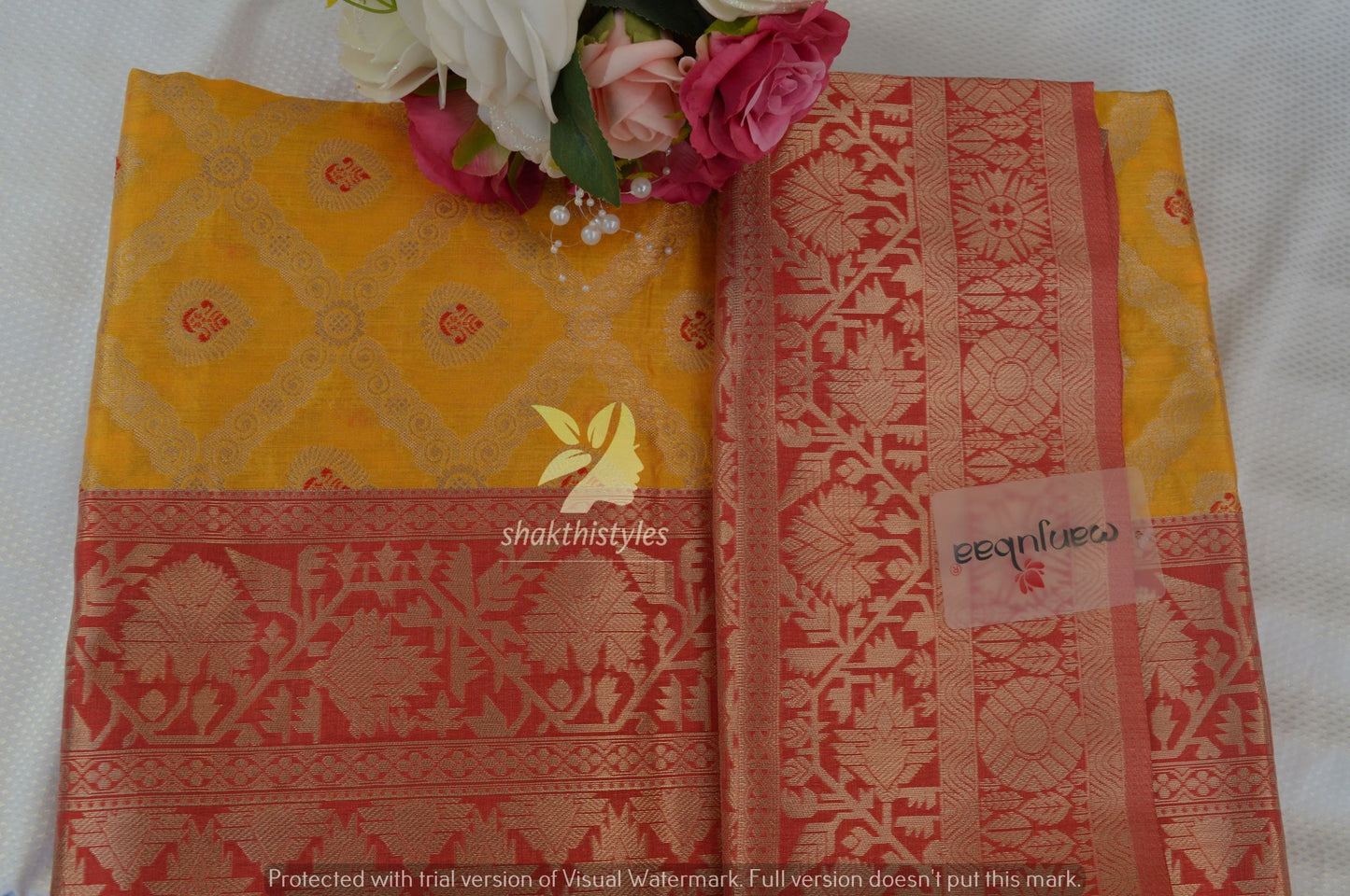 Yellow and Red Banarasi Art Silk Saree  - Women saree -Manjubaa Silk - saree for women in UK