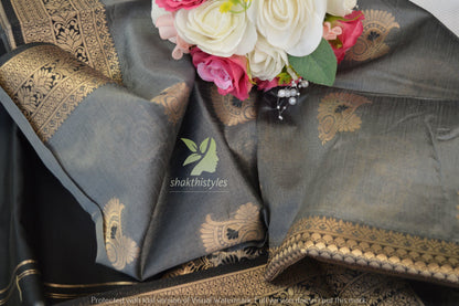 Beautiful gray and black - Women banaras saree -Manjubaa Silk - saree for women in UK - Dewali special