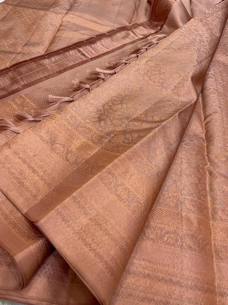 Antique gold Bridal pure kanchipuram silk - wedding silk - soft silk saree - beige saree for women - silk mark certified - bridal saree