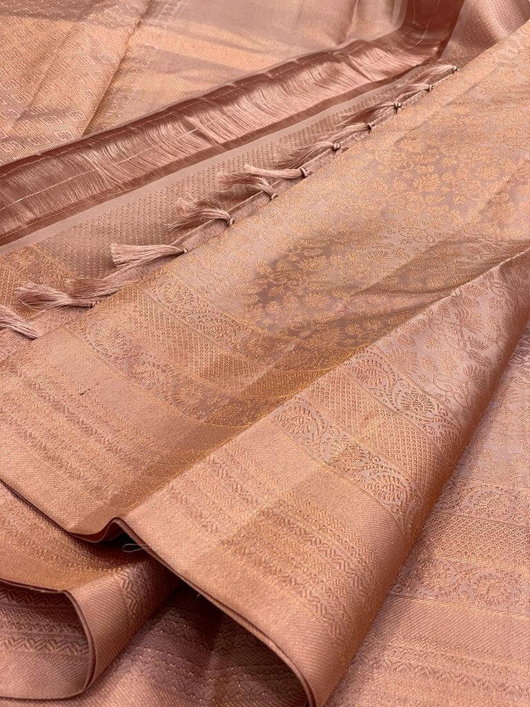 Antique gold Bridal pure kanchipuram silk - wedding silk - soft silk saree - beige saree for women - silk mark certified - bridal saree