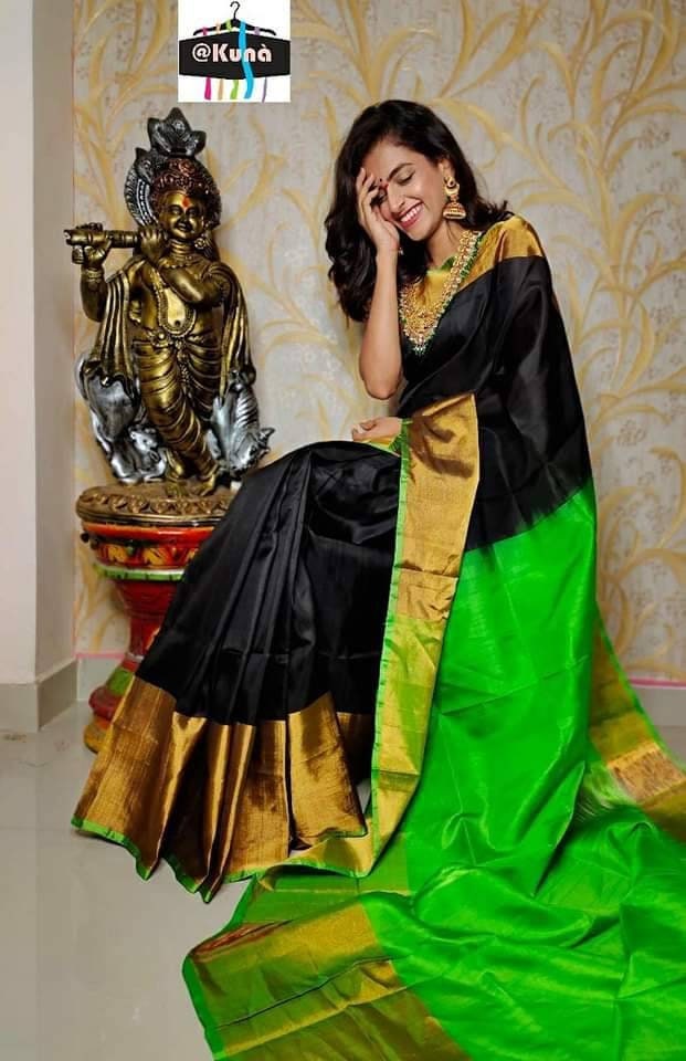 Green and black Uppada Silk Pattu Saree, khadi big border Pure Uppada Pattu Saree, handwoven silk saree, two tone saree for woman