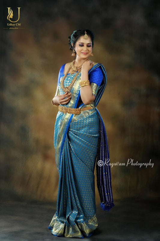 Peocock blue Semi kanchipuram bridal silk saree - Wedding saree - soft silk saree - saree for women in uk