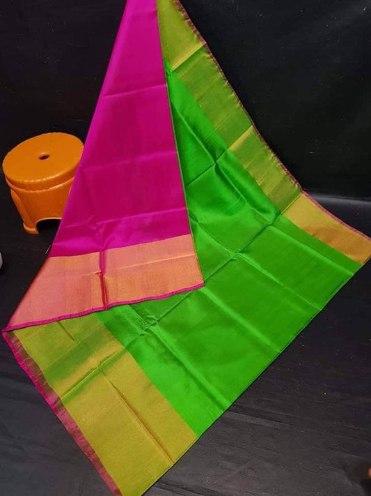 Green and parrot green Uppada Silk Pattu Saree, khadi big border Pure Uppada Pattu Saree, handwoven silk saree, two tone saree for woman