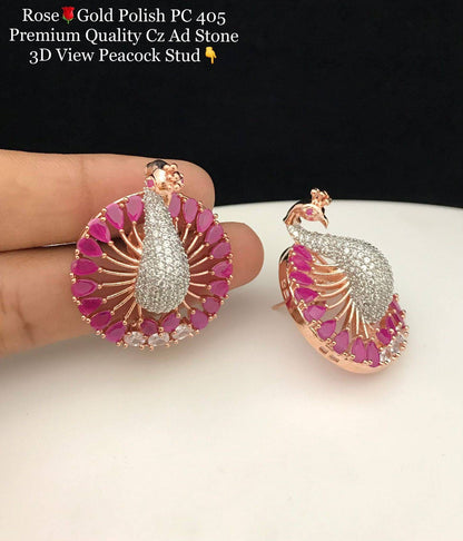Clearance / SALE - Rose gold finishing CZ ad stone premium quality peacock design Stud / Earrings