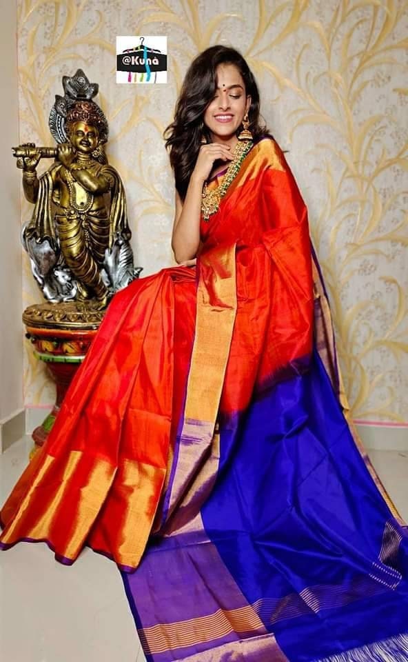 Red and blue Uppada Silk Pattu Saree, khadi big border Pure Uppada Pattu Saree, handwoven silk saree, two tone saree for woman