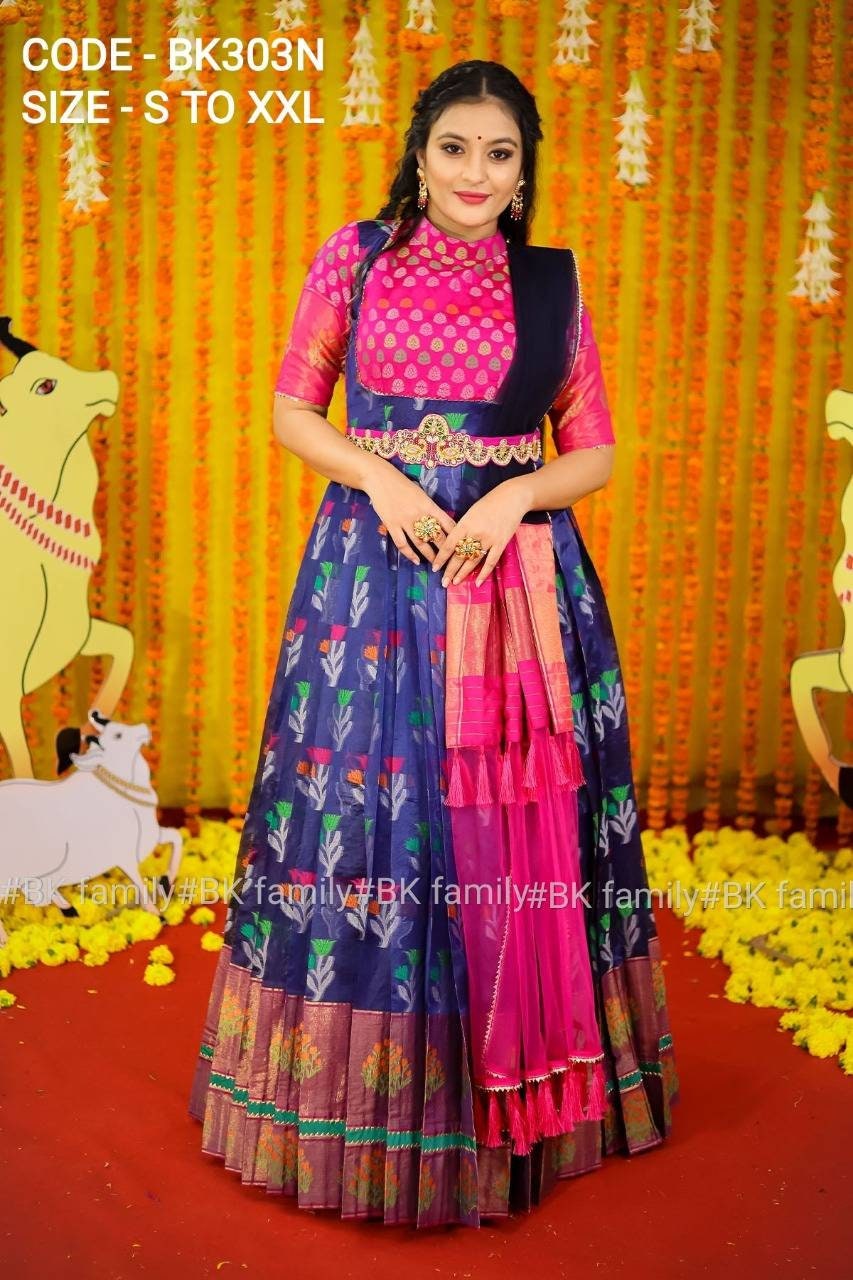 Pattu dress - Ikkat Pattu dress - lehenga dress - indian pattu gown
