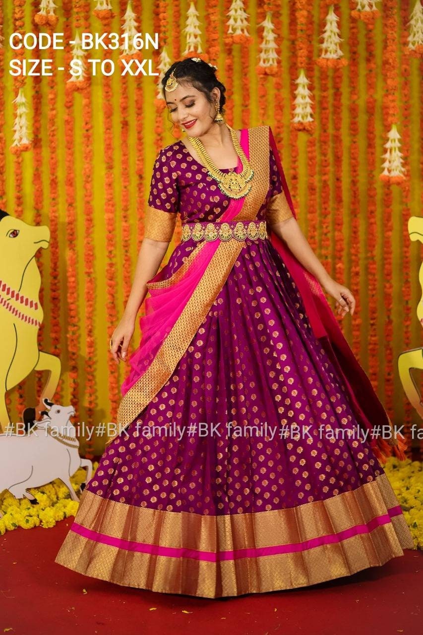Magenta Pattu Gown- indian traditional dress - party wear gown - floor length gown