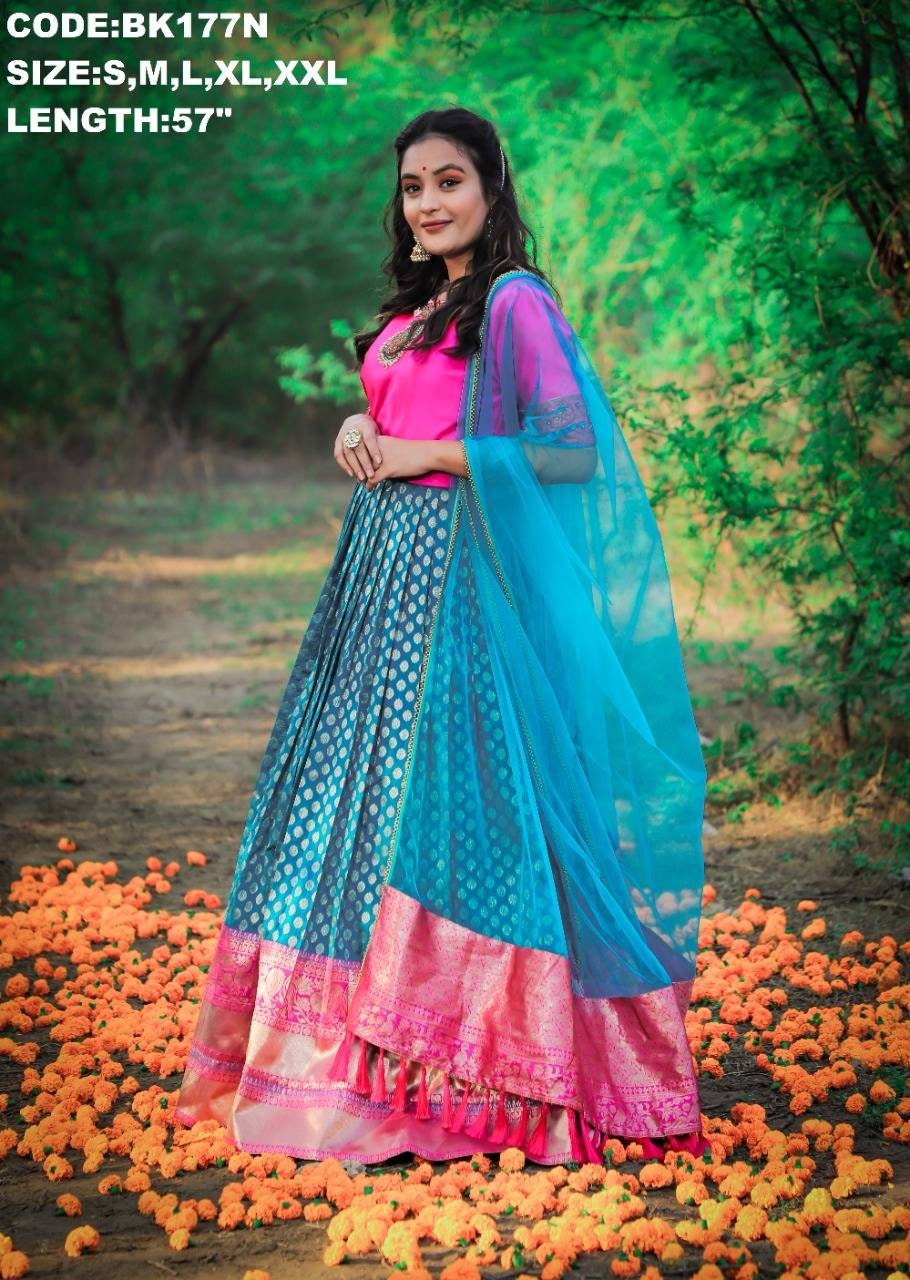 Pink and blue Pattu Gown- indian traditional dress - party wear gown - floor length gown