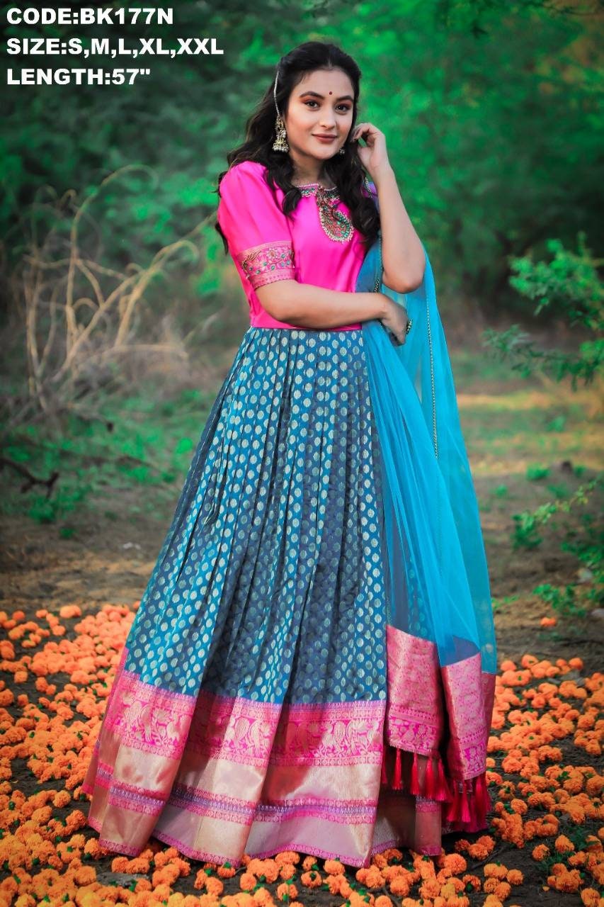 Pink and blue Pattu Gown- indian traditional dress - party wear gown - floor length gown
