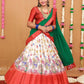 Charming Off white kalamkari half saree paired with a wonderful golden zari pink Duppata, pattu lehenga
