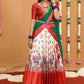Charming Off white kalamkari half saree paired with a wonderful golden zari pink Duppata, pattu lehenga