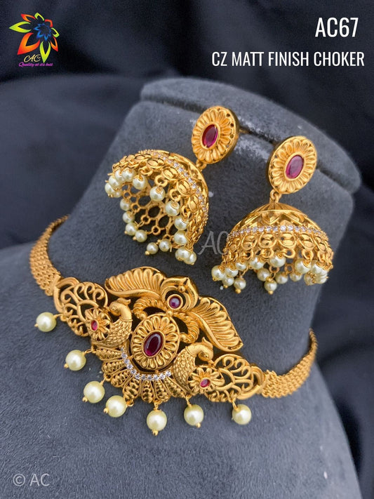 Matti finish n CZ cheek matti finish chocker set - indian necklace - lehenga jewellery - necklace set with  jhumka or Jimiki