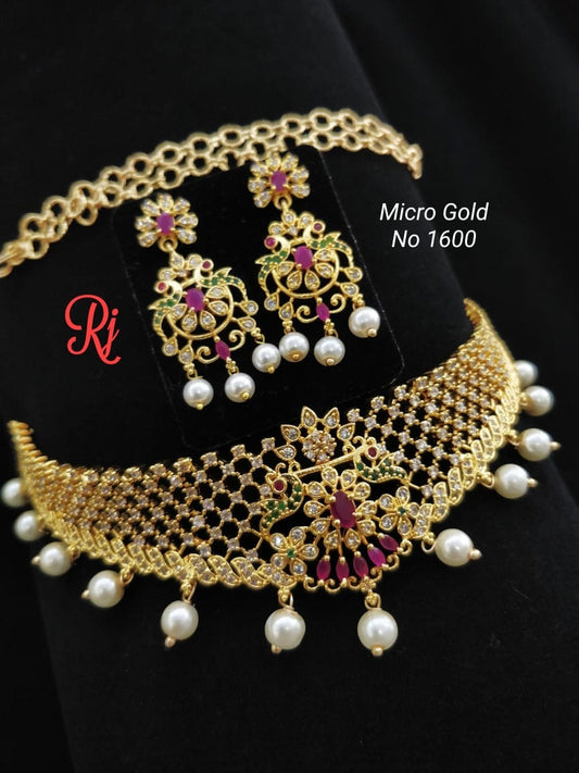 Micro gold cheek finish chocker set - indian necklace - lehenga jewellery - necklace set with earrings