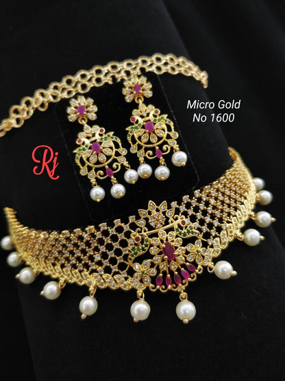 Micro gold cheek finish chocker set - indian necklace - lehenga jewellery - necklace set with earrings