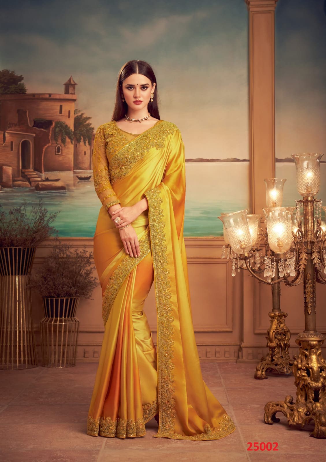 Mustard yellow - Pure soft satin silk saree Designer saree, party wear, wedding wear saree, luxury designer saree