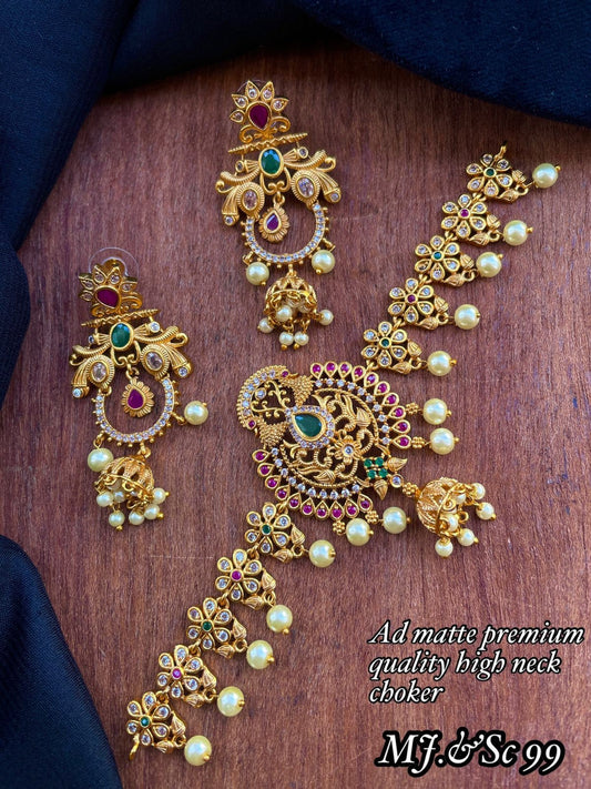 AD matte high quality choker - high neck- indian necklace - lehenga jewellery - necklace set with  jhumka or Jimiki