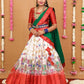 Charming Off white kalamkari half saree paired with a wonderful golden zari pink Duppata, pattu lehenga