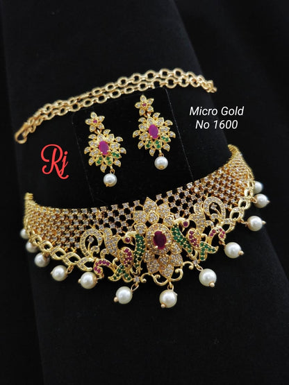 Micro gold cheek finish chocker set - indian necklace - lehenga jewellery - necklace set with earrings