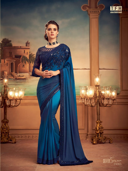 Blue desginer saree - Pure soft satin silk saree Designer saree, party wear, wedding wear saree, luxury designer saree
