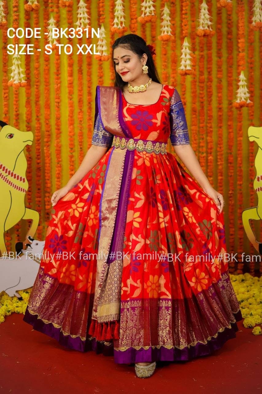Pattu dress - red floral dress - lehenga dress - lehenga dress